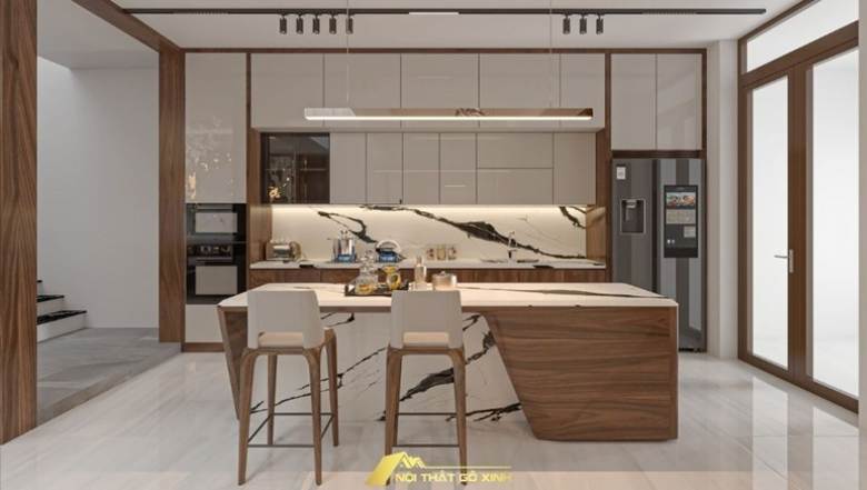 Không gian bếp nội thất gỗ óc chó tiện nghi thoáng đãng 